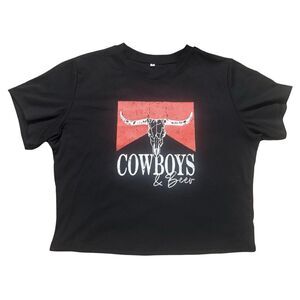 Black & Red Alt Western Boho Moto Gothic Cowgirl Beer Graphic Print Crop Top XL